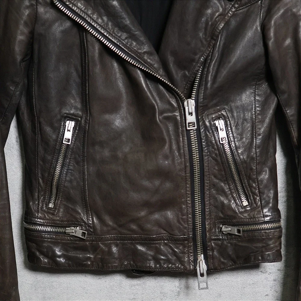 AllSaints Jacket Womens US 4 Brown Black Conroy Leather Biker Quilted Moto